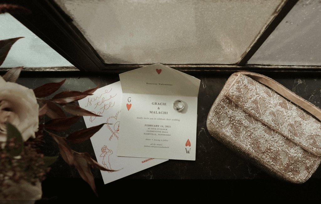 Valentine’s Day inspired wedding details with playing card inspired invitation